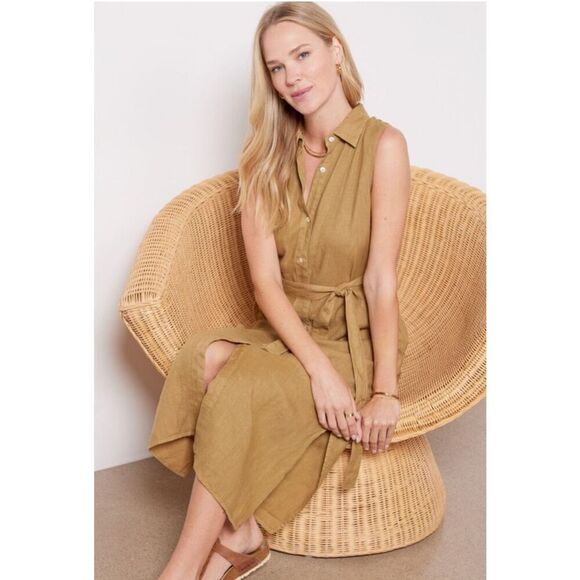 NWOT Faherty | Linen Laguna Sleeveless Midi Shirt Dress in Dull Gold, XXS $178 - Picture 1 of 10